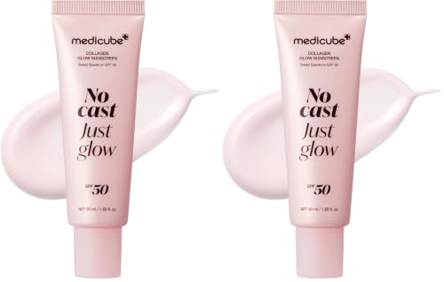 Image of medicube Sunscreen No Cast Just Glow Collagen | SPF 50 Broad Spectrum Face Sunscreen | Lightweight, Non-Sticky, Hydrating Formula | Peptide, Cica for Soothing & Glow | Korean Skincare (Pack of 2)