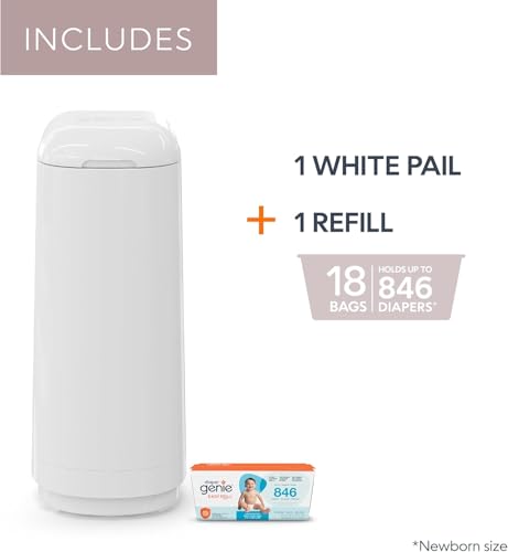 Diaper Genie Essence Pail, White with 18 Easy Roll Refill Bags