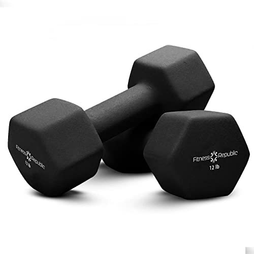 Hottest Sales Fitness Republic Neoprene 12 lb Dumbbells Set of 2, Hand Weights for Women Dumbells, 12 lb Weights Non-Slip, Hex Shape, Free Weight Dumbbell Sets for Strength Building, Weight Loss, 12lb Black