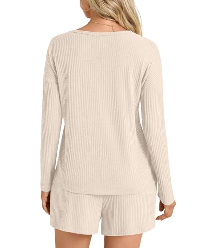 Image of Anydoll Womens Pajama Sets Waffle Knit Lounge Sets Long Sleeve Top and Shorts 2 Piece Loungewear with Pockets