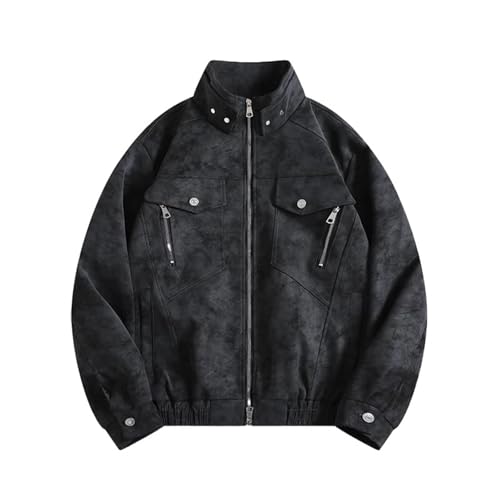 Veste en cuir pour homme col montant style motard décontracté vintage