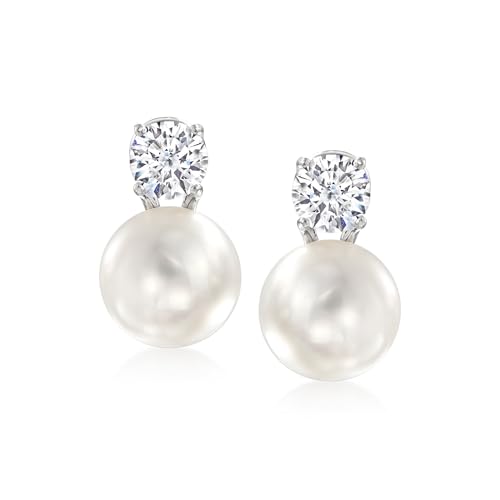 Ross-Simons Italian 10.5-11mm Cultured Pearl and 1.50 ct. t.w. CZ Drop Earrings in Sterling Silver