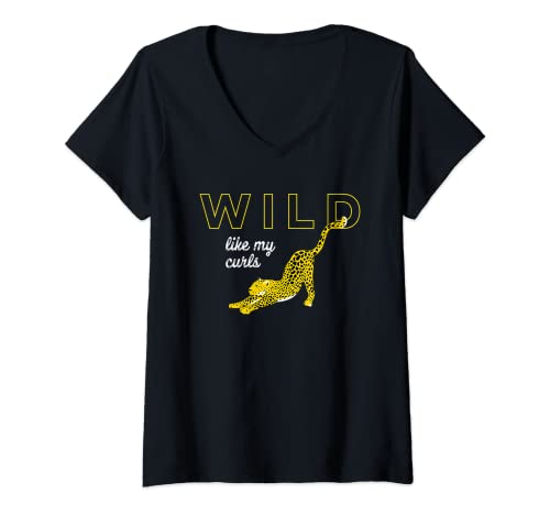 Mujer Wild Like My Curls / Bonito pelo rizado regalo leopardo / gato grande Camiseta Cuello V