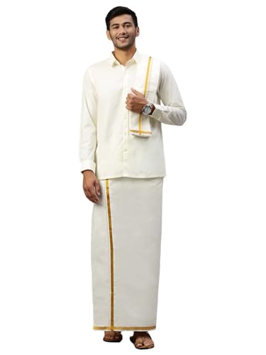 Image of RAMRAJ COTTON Pure Cotton Full Sleeve Shirt with Gold 1 /2 Inch Jari Border Dhoti Set with Towel