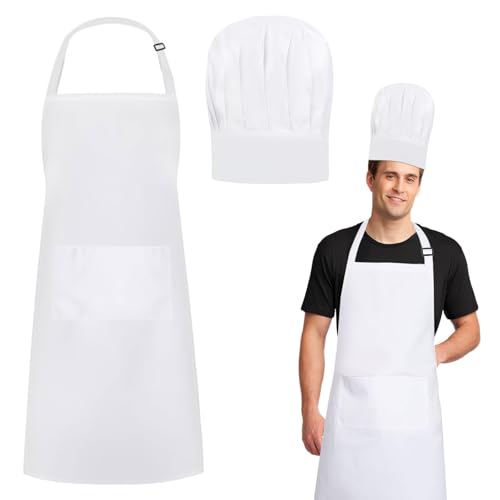 CAINCAY Chef Apron and Hat Set, Chef Apron Hat Set Waterproof White Apron with 2 Pockets Adjustable Bib Apron, Chef Bakers Apron Cooking Aprons Solid Chef Apron for Men Women