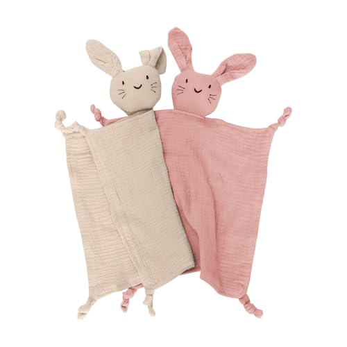 Image of 2 Pack Organic Cotton Muslin Bunny Lovey Blanket, Soft Baby Blanket | Breathable Security Blanket for Newborns, Baby Gift for Boys & Girls, Pink & Khaki