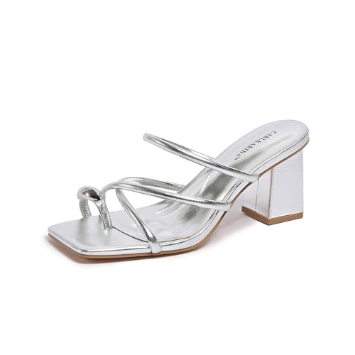Image of Strappy Heels For Women Low Chunky Block Heel Heeled Sandals Square Open Toe Slip On Slides Flip Flops Mules