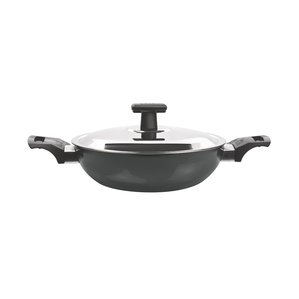 MILTON Pro cook Hard Anodized Non-Stick Kadhai with Stainless Steel Lid, 22cm / 2.1L, Metal Spoon Friendly, Aluminium Deep Kadai for Cooking, Induction & Gas Stove Compatible, 3 Years Warranty 1