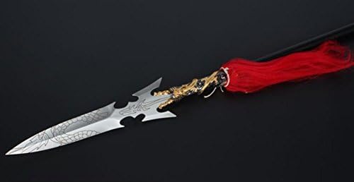 Dailinming Red Tasselled Spear, Stainless Steel Spearhead and Rod, 80 Inch, Includes Sheath