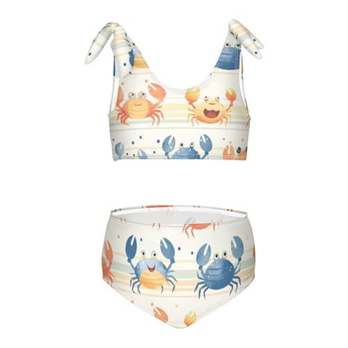 KLL Striped Pattern Cute Watercolor Crabs Girls Two Piece Bikini Sets Beach Swimsuit Swimwear Cute Shoulder Strap