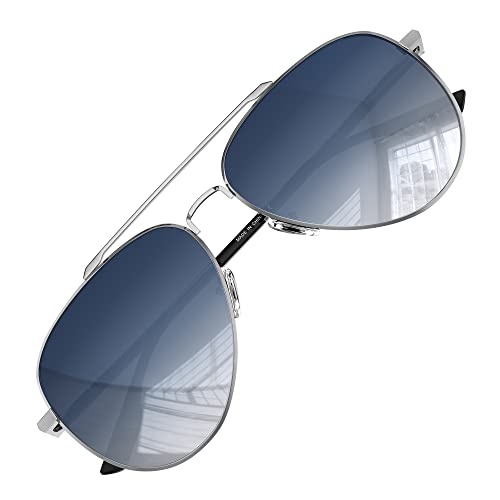 LUENX Aviator Sunglasses for Mens Womens Polarized Gradient Blue Lens Metal Silver Frame 60mm