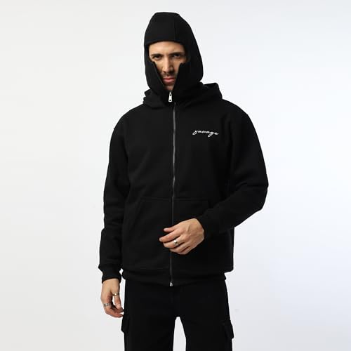 Image of BE SAVAGE Balaclava Zipper Hoodie for Men Heavyweight Zipper Hoodie Jacket for Men Ninja Hoodie Men Black
