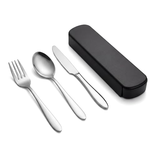 Cubiertos de viaje 3 piezas de acero inoxidable con estuche, cuchillo tenedor cuchara para una persona, lavables en lavavajillas, reutilizables para viaje camping oficina escuela