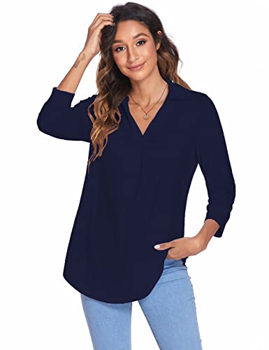 Newchoice Womens Collared V Neck 3/4 Sleeve Shirts Business Casual Tops Loose Work Blouses (S-3XL)4