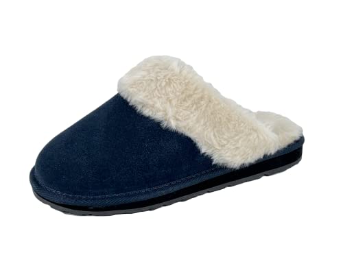 Image of Clarks Womens Open Back Suede Leather Comfort Clog Slipper JMS0583C - Plush Faux Fur Trim - Indoor Outdoor House Slippers For Women