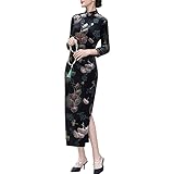 BooW Women's Elegant Velvet Cheongsam Qipao Dress Chinese Mandarin Collar Side Slit Maxi Dress (909# Black×Gold, Large)