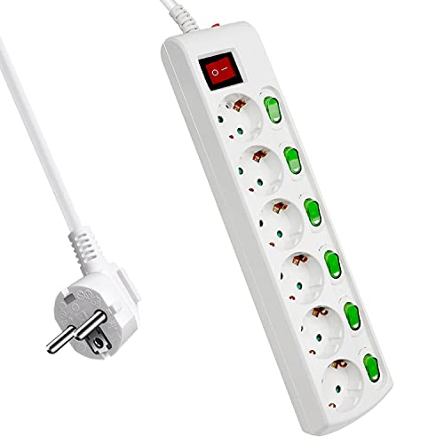 ExtraStar 6-Fach Steckdosen Kindersicherung,2m Kabel Steckdosenleiste mit Einzelschalter,16A/230V, MAX.3680W, Mehrfachsteckdose mit Schalter und Aufhängbar, Weiß