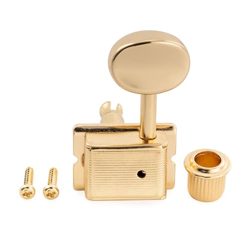 Image of Musiclily Pro R15J-26 Lefty Vintage 6 inline 15:1 Semi Closed Tuners Gold | Split Shaft, Machine Heads Tuning Pegs Keys with Oval Button, for Fender Squier Strat Tele Style Guitar, Ratio