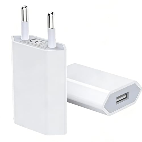 🔌 Confezione da 2 adattatori di alimentazione USB compatti: Riceverete due caricabatterie USB bianchi con una tensione di ingresso di 100–240 V (50/60 Hz) e un'uscita di 5 V / max. 1 A, ideali per dispositivi che richiedono una corrente di carica delicata, come smartphone, tablet o cuffie.