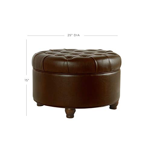 Homepop Home Decor | Large Button Tufted Faux Leather Round Storage Ottoman | Ottoman With Storage For Living Room & Bedroom (Distressed Brown) #TOP2