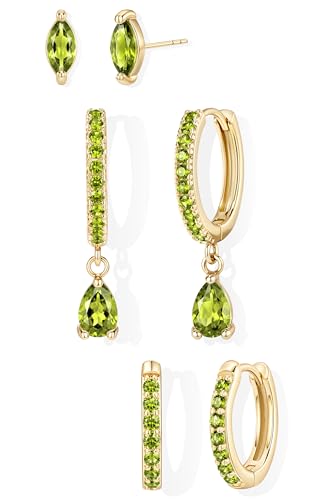 GoldGifts August Birthstone Peridot Earrings - Yellow Green Summer Jewelry Gift Hypoallergenic 14K Gold Plated Small Huggie Hoop Set for Women Dainty Trendy Stack Dangle Studs for Cartilage Helix