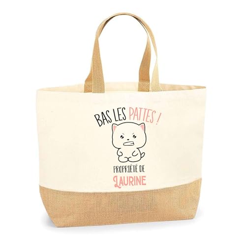 Sac cabas en toile de jute et coton imprimé chat Laurine pour la plage ou les courses