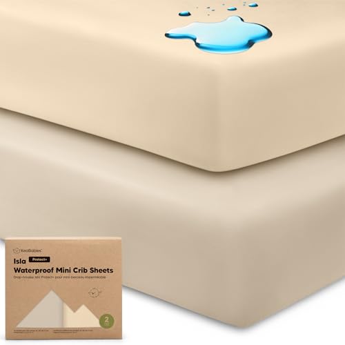 Image of 2-Pack Waterproof Pack and Play Sheets, Mini Crib Sheets Fitted for Boy, Girl - 38 x 26 Viscose from Bamboo Pack N Play Mattress Sheets for Graco, Toddler Playard Baby Crib Sheets Neutral (Macadamia)