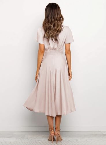 Image of miduo Womens Satin V Neck Ruffle Short Sleeve Tie Front High Waist Midi A-Line Maxi Dresses