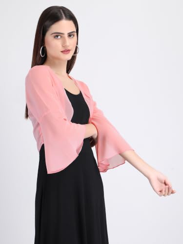 Image of AOL Women's Cropped Layered Lightweight Sheer Three-Fourth Bell Sleeves Georgette Open Neck Shrug Bolero