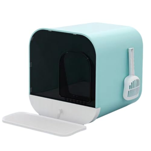 AOUTN 抗菌防臭 コンパクト 猫トイレ ドーム型 大型 猫砂飛散防止 掃除簡単 キャットトイレ 密閉型 ドア付き 抗菌防臭 猫用品 おしゃれ 猫用トイレ本体 システム 引き出し式 (ブルー)