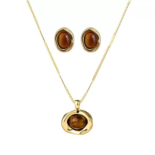 Gold Tigers Eye Stone Necklace Earrings Set Chunky Gemstone Pendent Dangle Necklace Prom Fashion Jewelry Gifts