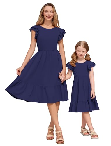 AWIBMK Mother Daughter Boho Dress Mommy and Me Summer Casual Holiday Flutter Sleeve V-Back Bowknot A-Line Dresses
