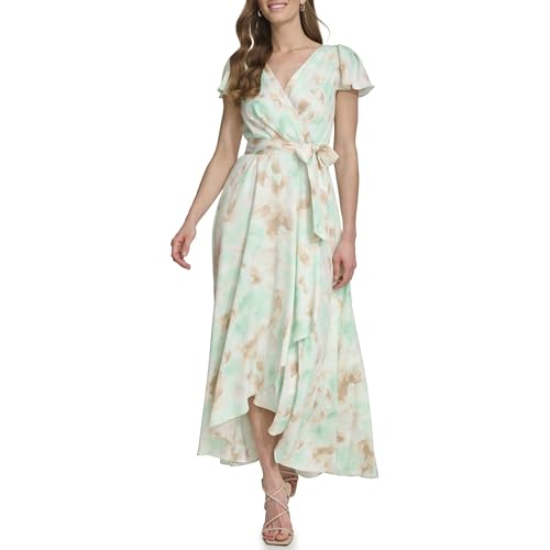 Image of DKNY Women's Flutter Sleeve Surplice Tie Fit & Flare Midi Dress