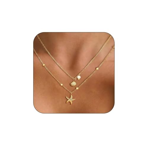 Collier coquillage pour femme, collier étoile de mer en or 18 carats pour femme, bijoux d'été, chaînes empilables, étoiles/superposés, pour l'été, la plage,...