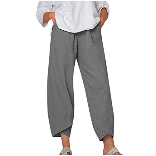 Image of Cotton Linen Capri Pants for Women 2025 Casual Printed Cropped Palazzo Pants Elastic Waist Lounge Baggy Trousers