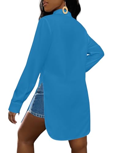 Image of LYANER Women's Collar Neck Long Sleeve Button Down Shirts Sexy Split Hem Tops Long Blouse Shirt Dress