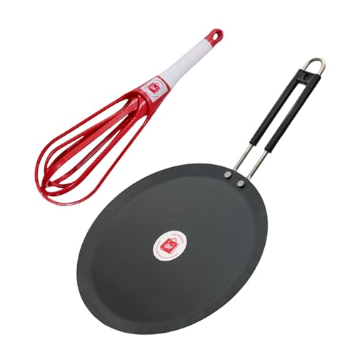 Image of LAZYwindow Induction Iron Tawa with Foldable Plastic Whisker Combo | Solid cast build offers durable performance for everyday flatbread cooking