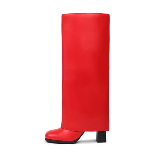 Meolee Knee High Boots Women Fold Over Chunky High Heels Long Boots Zipper Round Toe Dress Tall Boots for Women2