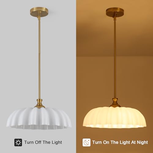Image of 15.7 inch Vintage Flower Gold Chandelier - Adjustable Height White Milk Glass Shades Pendant Light Fixture for Kitchen Island, Dining Room, Bedroom