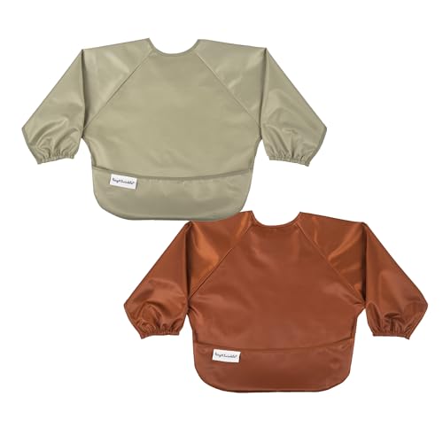 Image of Tiny Twinkle Mess Proof Baby Bib, 2 Pack Long Sleeve Bib Outfit, Waterproof Bibs for Toddlers, Machine Washable, Tug Proof (Brown Khaki, Small 6-24 Months)