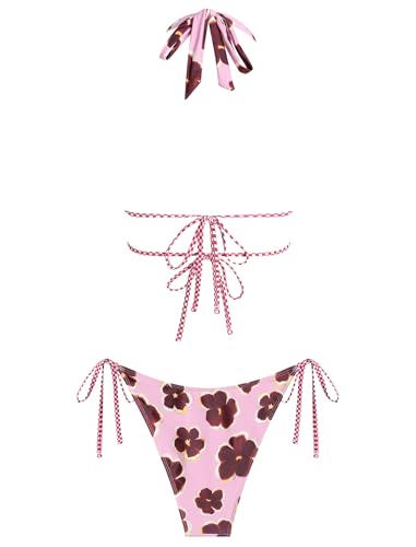 Image of ZAFUL Halter Swimsuits for Women Textured Backless 2 Piece Bathing Suits Cheeky High Cut String Tie Side Bikini Sets