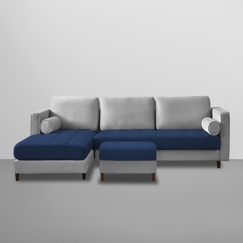 Image of Lezra LHS 4 Seater L Shape Sofa Set with Center Table for Living Room (Blue Grey Fabric) Premium Fabric Sofa
