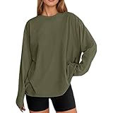 Camiseta de manga larga para mujer, cuello redondo, camiseta deportiva para mujer, talla grande, chic y elegante, descontratado, color sólido, básico, de gran tamaño, estilo Y2K, estilo vintage, corte