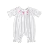 Lamuusaa Newborn Baby Girl Baptism Outfit Smocked Crosses Embroidery Romper One Piece Bodysuit Jumpsuit Summer Clothes (White, 3-6 Months)