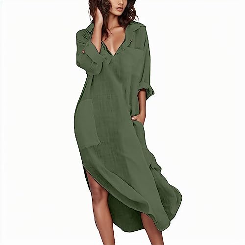 DeaAmyGline Damen Leinenkleid Sommer Hemdkleid Lang Sommerkleid Leicht und Luftig mit Taschen Einfarbig Knopfleiste Lange Hemdblusenkleid Kaftan Baggy...