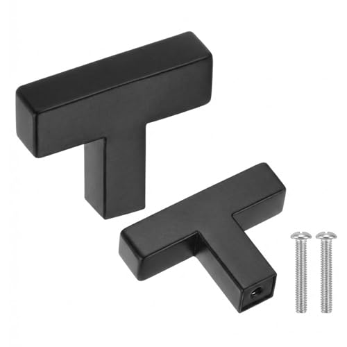 QZKJQDD 2 Pcs Kitchen Cupboard Handles, T-Shaped Black Door Knobs, Single Hole Kitchen Door Handles for Drawer and Cabinet Stainless Steel Pulls Suitable for Bedroom, Living Room, Bathroom