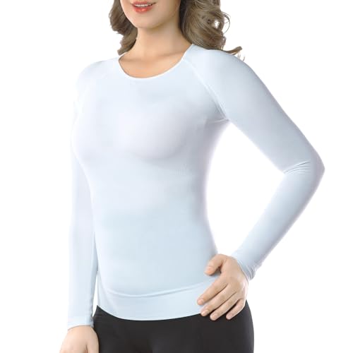 +MD Womens Long Sleeve Undershirts Tops, Bamboo Round Neck Slim Fit Baselayer, Soft Thermal Underwear, Light Compression