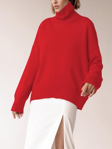 Image of YKR Women's Turtleneck Sweater Chunky Long Sleeve Knitted Pullover High Low Hem Trendy 2025 Fall Winter Basic Jumper Top