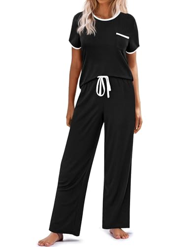 Ekouaer Women Lounge Pajamas Sets Ribbed Knit PJ Short Sleeve and Long Pajama Pant Soft 2 Piece Sleepwear Loungwear Set