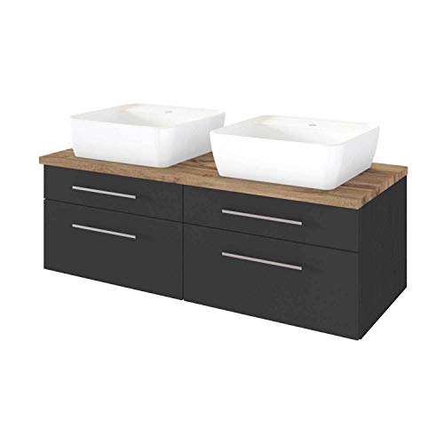 Lomadox Doppel Waschtisch matt grau mit 120cm Unterschrank und 2 Keramik Waschbecken